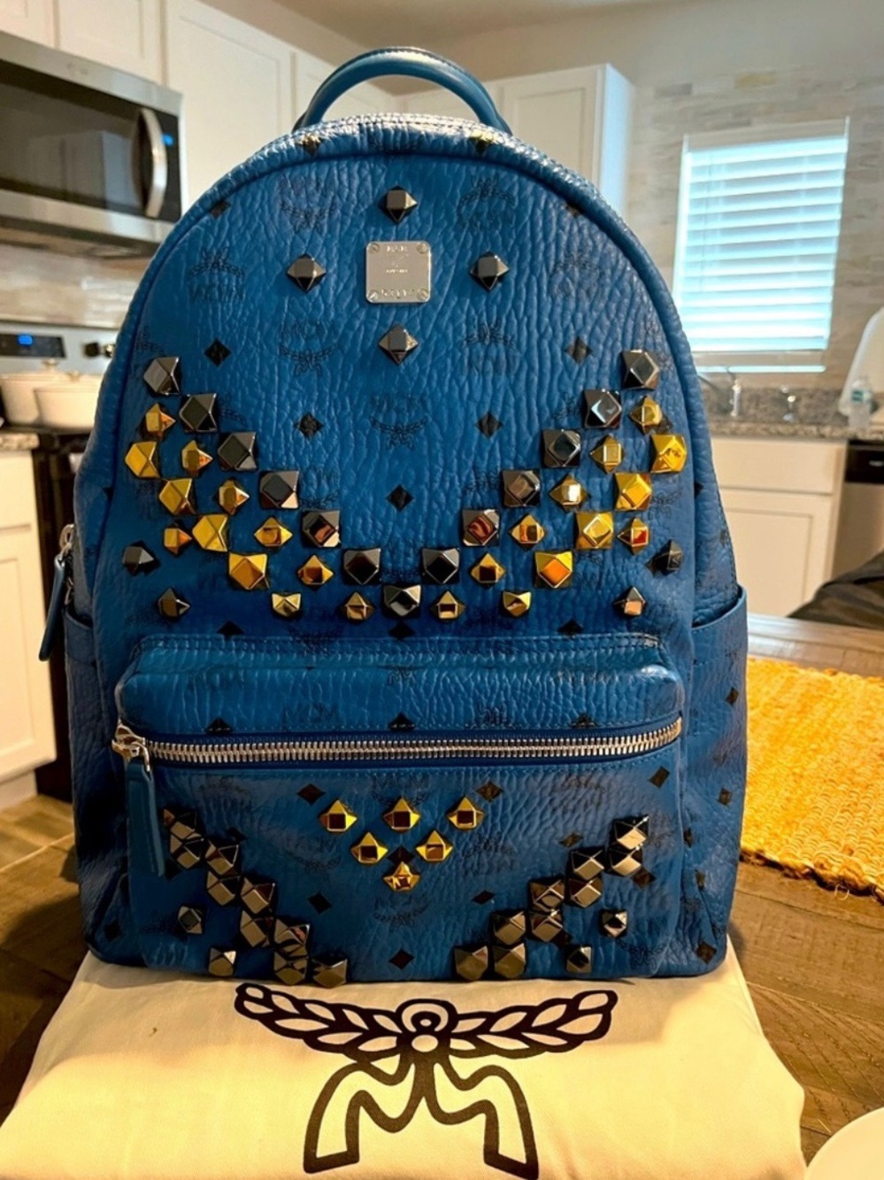 MCM Blue Studded Leather Backpack